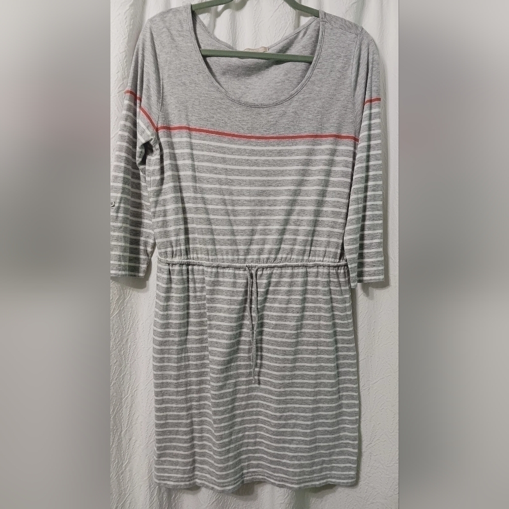 Banana Republic Striped Gray & White Dress Tie Front Roll up Sleeves Size Large